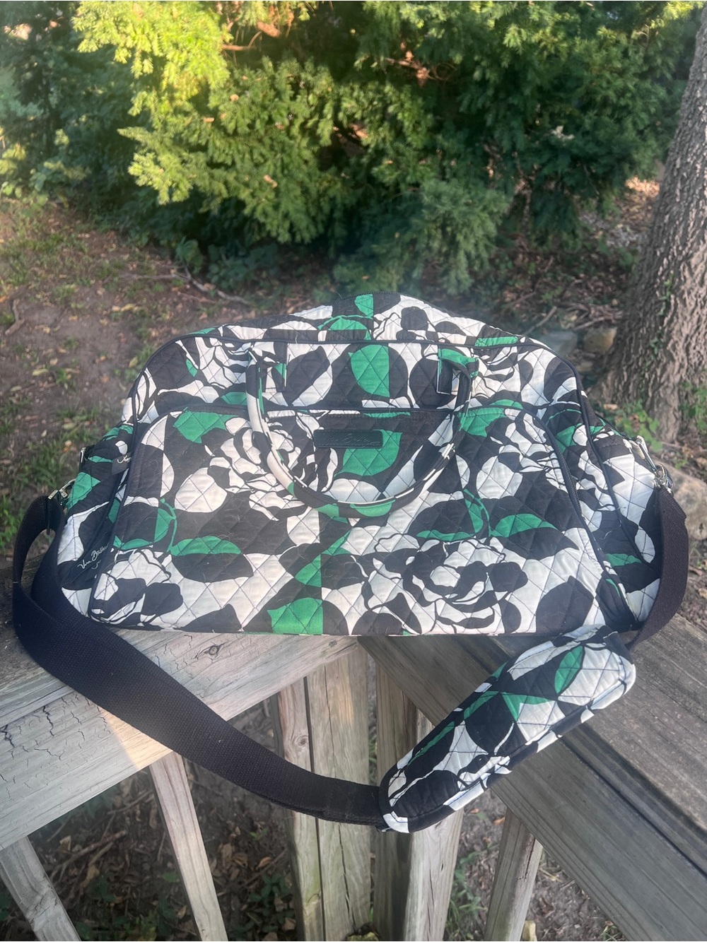 Quilted Floral Travel Duffel Bag in Black, White & Green